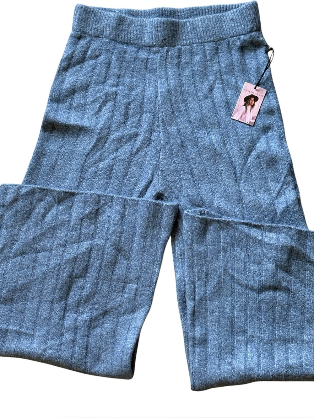 Sincerely Jules Ribbed Sweater Pants Wide Leg NWT Size Large Gray Blue NEW Soft